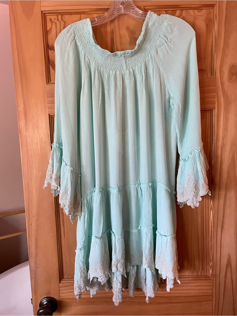 Mint Tiered Long Sleeve Dress with Lace Trim
